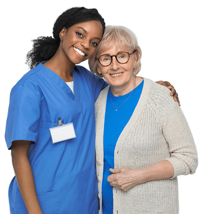 Nurse and elderly woman smiling together.