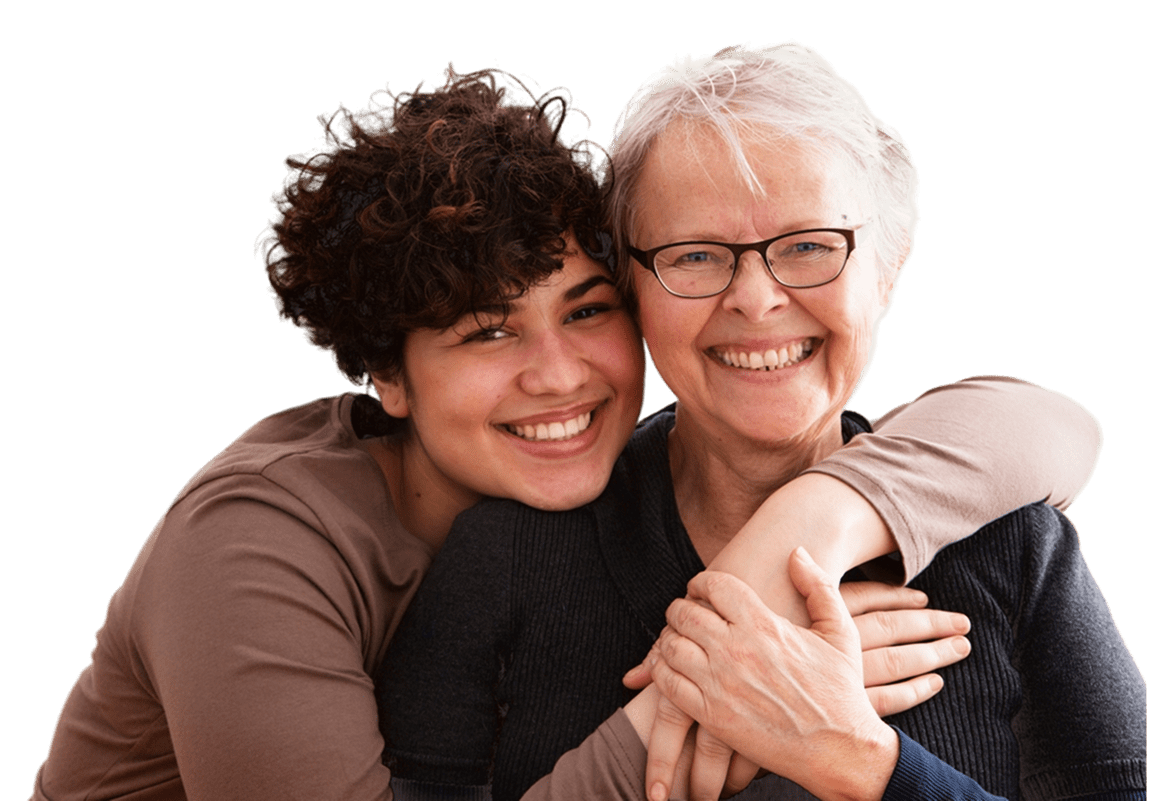 Smiling individuals embracing against a black background.